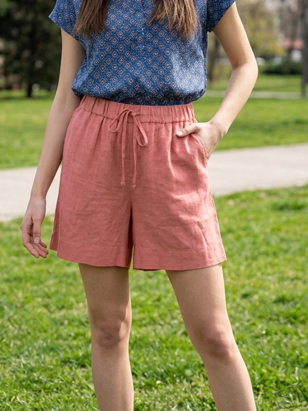 NWT Candace Cameron Bure Coral Linen Blend Pull On Shorts Pockets - Petite XL
